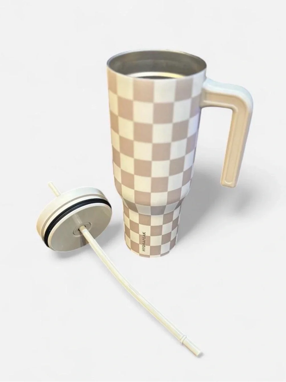 HydraPeak Cream Checkered Travel Mug with Handle and Straw NWOT 40pz Hot Cold